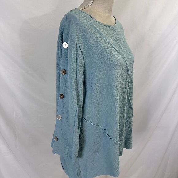 Ali Miles Top Womens PXL Boat Neck Top Tunic  Lagenlook Crinkle  Buttons - Picture 1 of 6